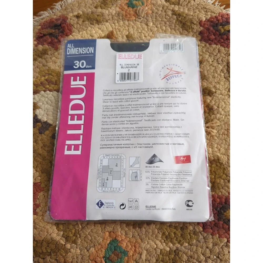 New ELLEDUE 30 Denier Tri-Dimensional Elasticity Pantyhose BluMarine Blue Size 2